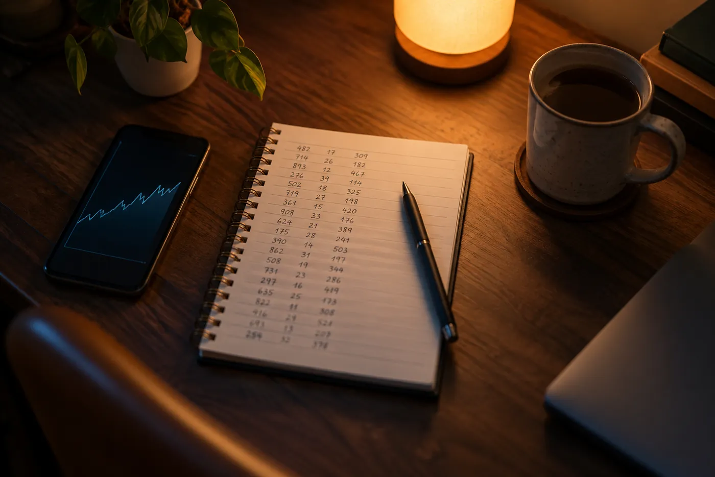 Bureau de nuit avec un carnet de chiffres manuscrits, un stylo, un téléphone et une lampe